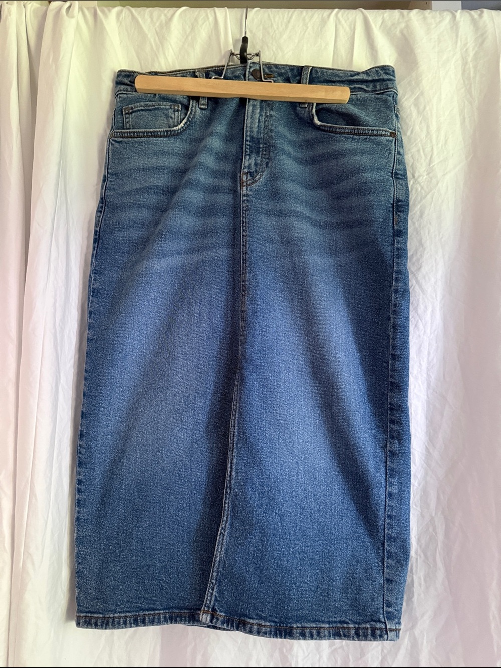 RW&CO. Front Slit Blue Denim Midi Skirt